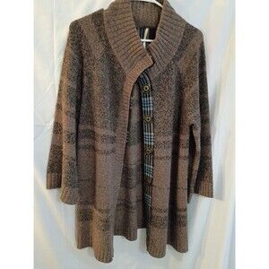 Marisa Christina Sweater Brown Striped Plaid Cozy, Granola, Cabin